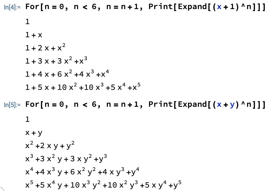 Mathematica code for printing Pascal&rsquo;s triangle using binomial theorem